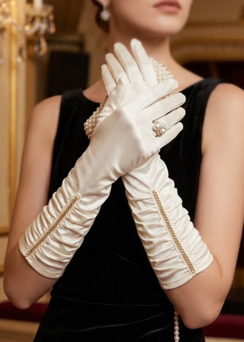 Vintage 60's era elegant long dress gloves tagged with faux pearl accents